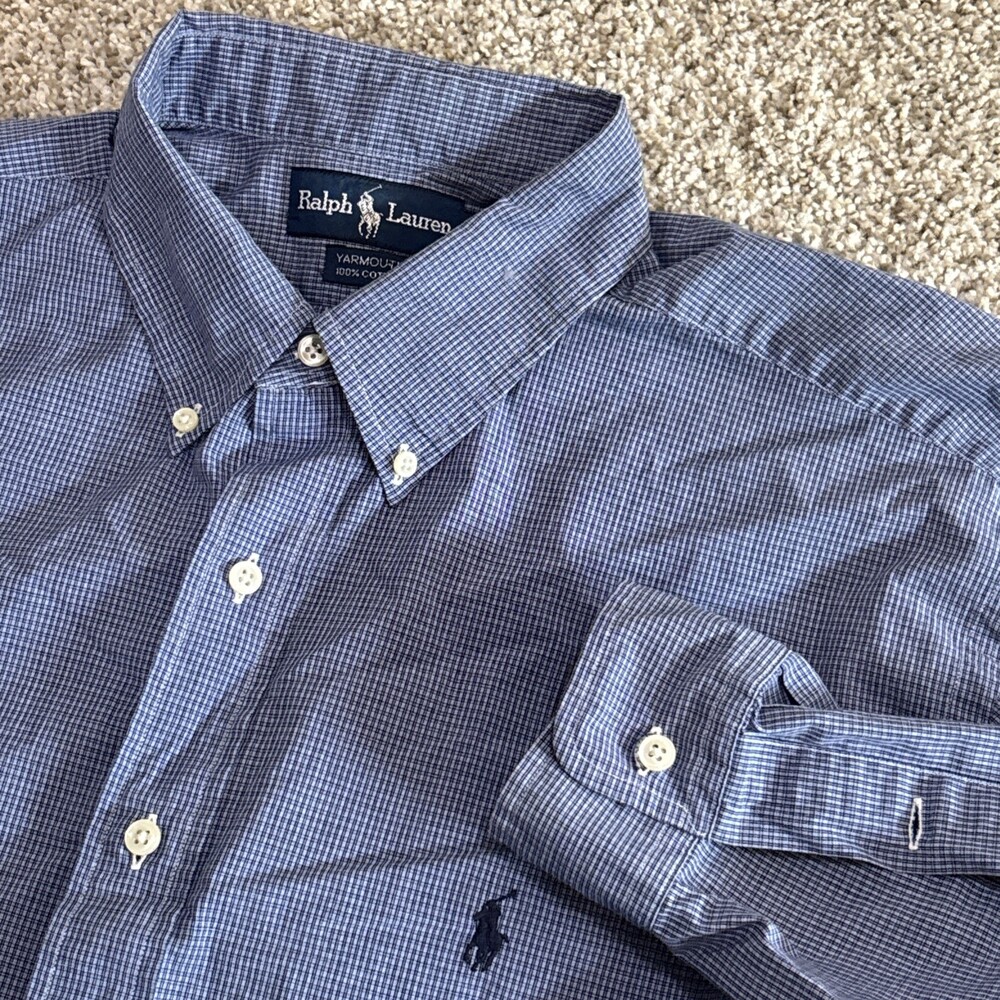 Vntg Ralph Lauren Polo Mens Yarmouth Button Down Blue Check Dress Shirt 17 34/35